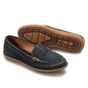 Born Nerina Leather Boat Shoe Penny Loafer Rubber Soles Women’s 8.5 Dark Navy